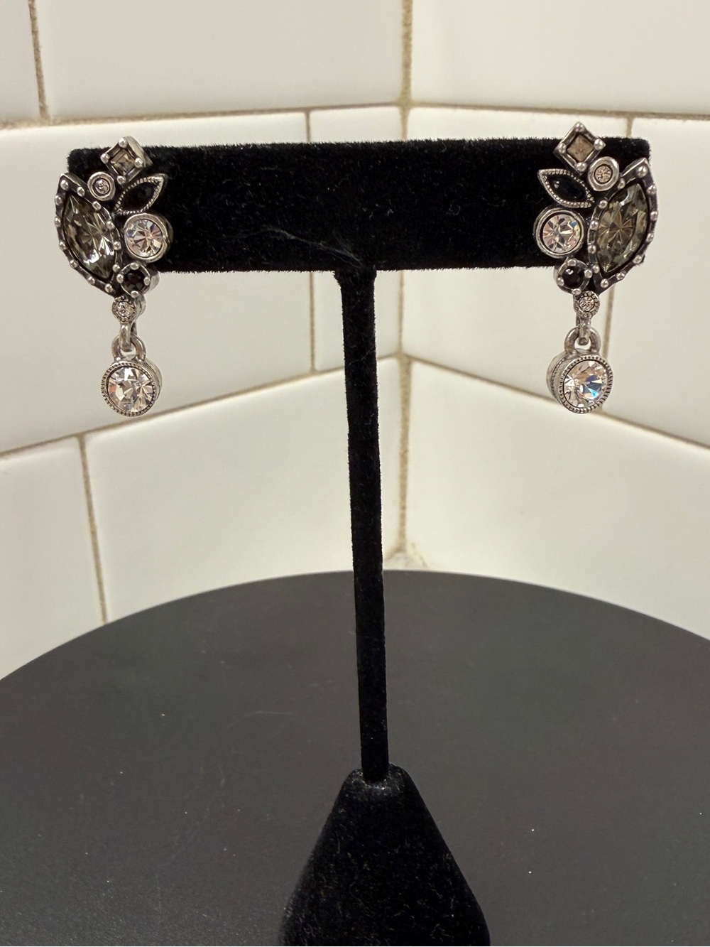 Silver Floral Drop Earrings with Clear Crystals